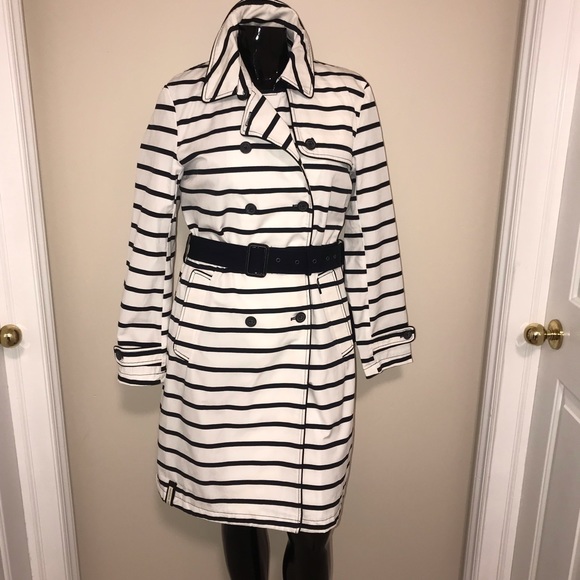 * SOLD *Khujo White with Navy Stripes Trench Coat - Picture 5 of 14